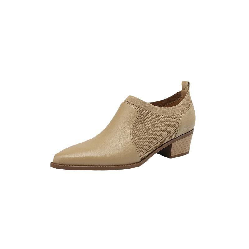 Thick Heel Single Shoes Women's 2025 Spring and Autumn New French Retro Pointed Deep Mouth Medium Heel Small Leather Shoes One Pedal Loafers