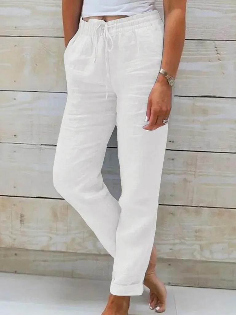 New Style Women's High Waist Elastic Waist Solid Cotton Linen Casual Pants