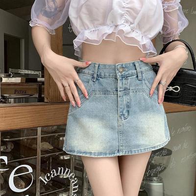 Denim Short Skirt Women's Anti-glare High-waisted A-line Skirt Trousers Hip Package Versatile Half-body Skirt