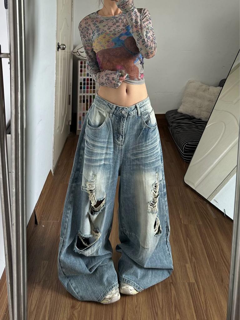 American retro washed ripped machete jeans pants men's and women's summer new loose wide-leg floor pants