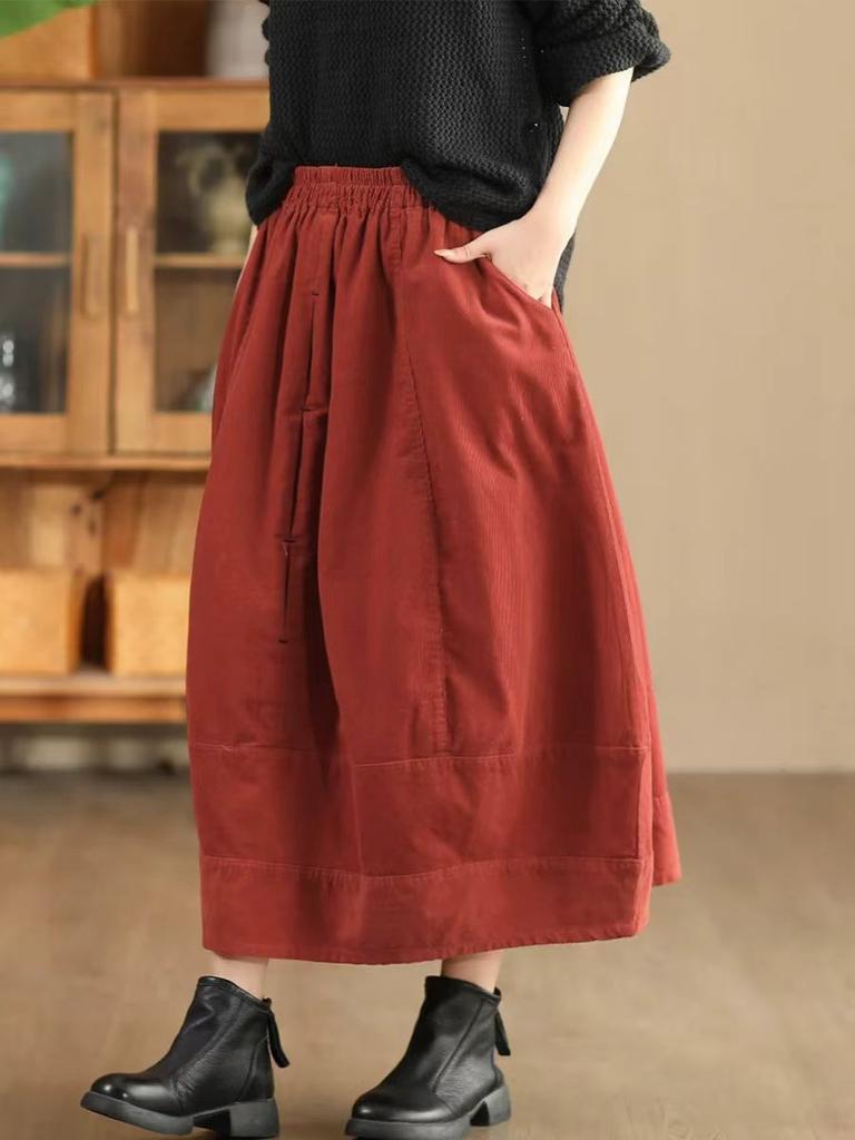 Johnature Woman Autumn Niche Elastic Waist Solid Color Casual A-Line Skirt Fashion Vintage Chinese Style Retro Skirt