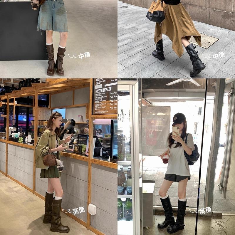 Leather Inner Height Increase Black Medium and Long Tube Boots Women's Autumn Western Cowboy Knight Boots Thick-soled Pleated Piled Boots