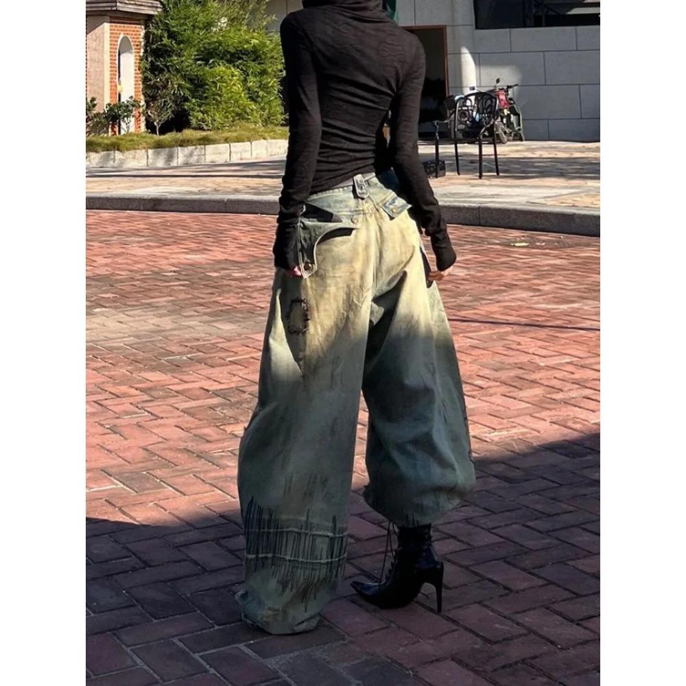 ZYLLO American Y2K Patch Needle Embroidery Heavy Industry Wide Leg Jeans Retro Dirty Dye Wash Loose Fashion Casual High-waist Jeans