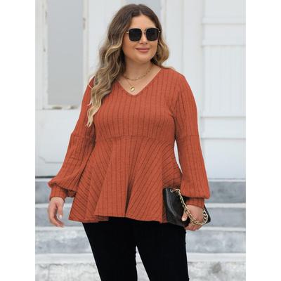 Women's Plus Size Tops Spring Autumn Doll Shirt V-Neck Ribbed Fleece Lantern Sleeve T-Shirt Base Shirt