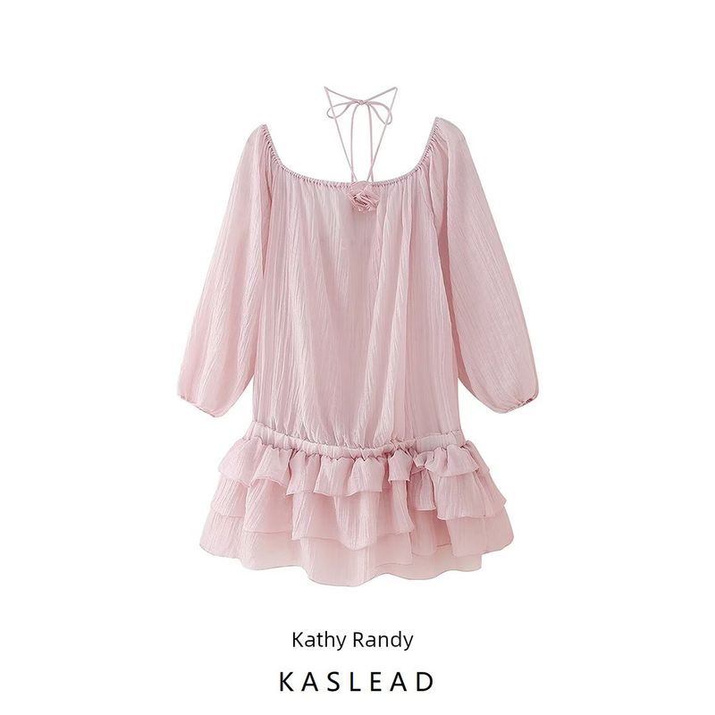 Kaslead New Arrival Women's Clothing Fashion Style Fashion Minimalist Three-Dimensional Flower Ruched Texture Ruffles Dress