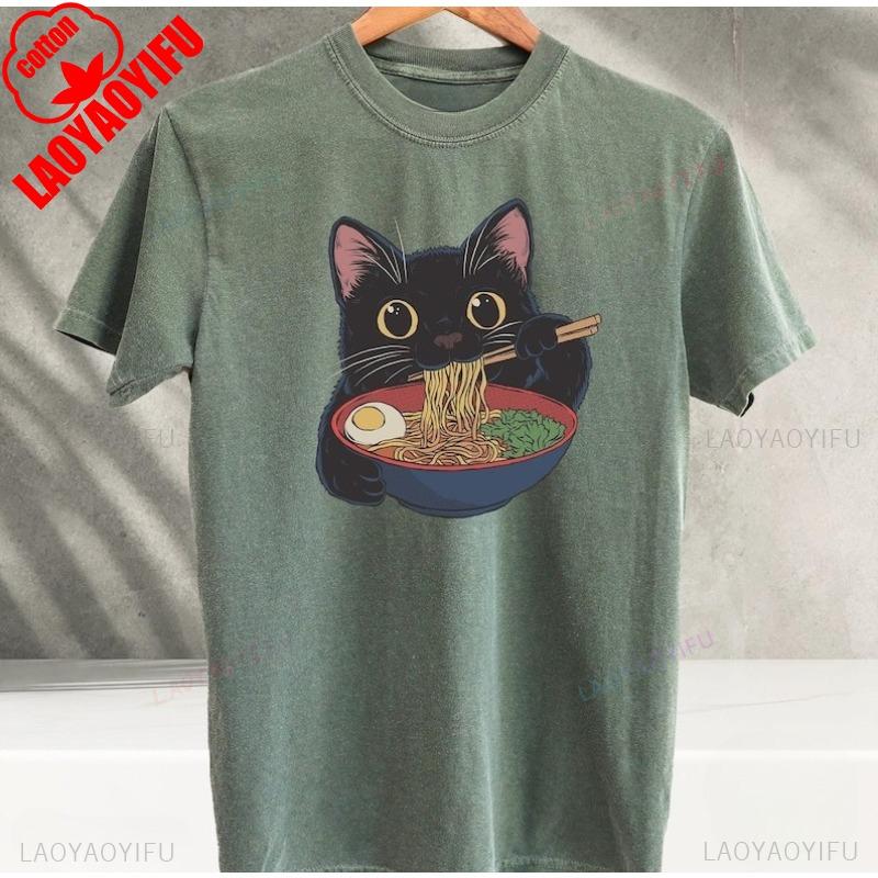 Ramen Cat TShirt Kawaii Anime Cat Japanese Foodies Graphic Tee Unisex Cotton Cute Cat Lover Shirt Harajuku Streetwear Y2K Top