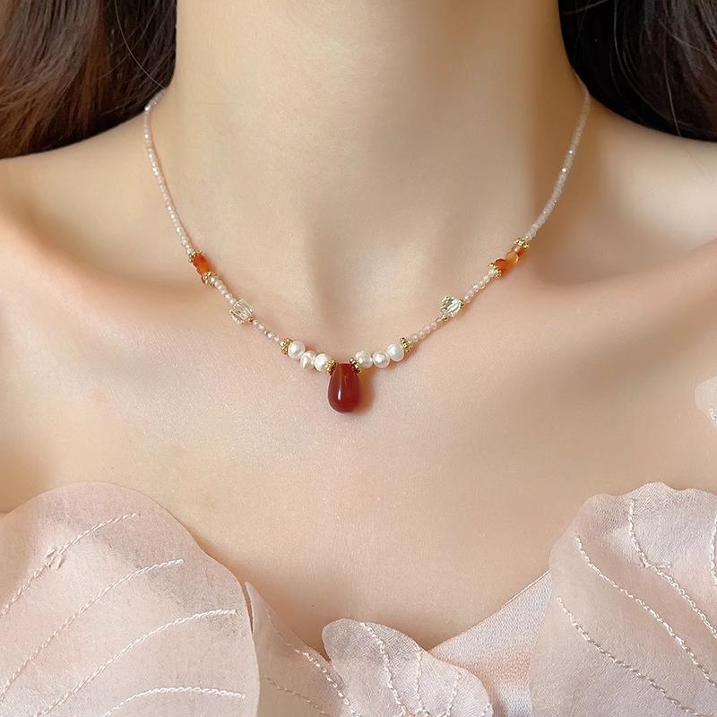 Freshwater Pearl Red Agate Teardrop Necklace for Women, Elegant Zircon Square Sugar Crystal Collar Chain