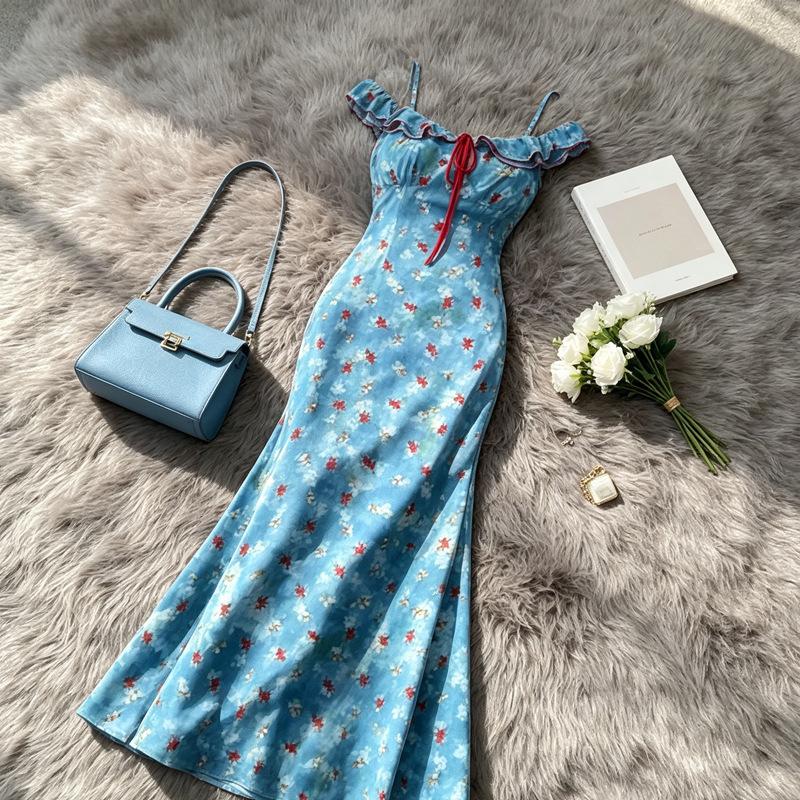 Pure Desire Sexy Floral Short-sleeved Dress Women's Summer New Slim and Thin High-end Hip-wrapped Fishtail Long Skirt