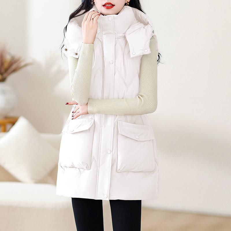 Down Cotton Vest Women's New Autumn and Winter Warm Medium and Long Thickened Hooded Vest Jacket
