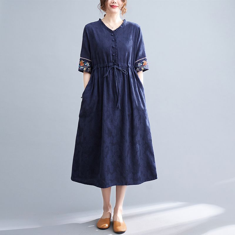 Summer New Fashion Vestidos Women Casual Elegant Cotton Ramie Embroidery Loose Plus Size Vintage Beach Midi Dress M-2XL