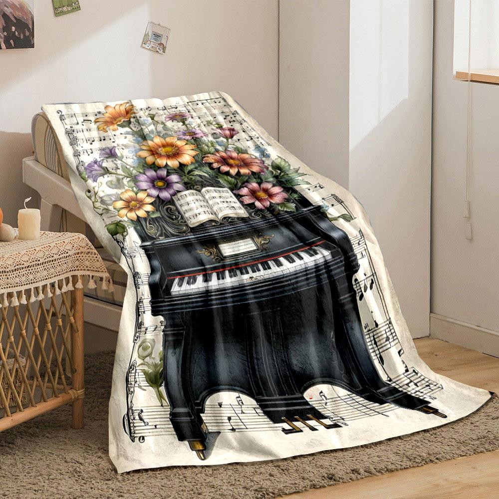Vintage Piano Floral Music Blanket Bedroom Blanket for Livingroom Couch Lunch Break Soft Throw for Friend's Festival Gift