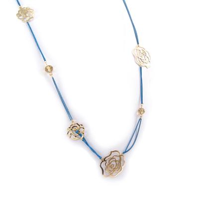 [K3170] - Designer Long Necklace 'Rosa Romantica' Gold Blue