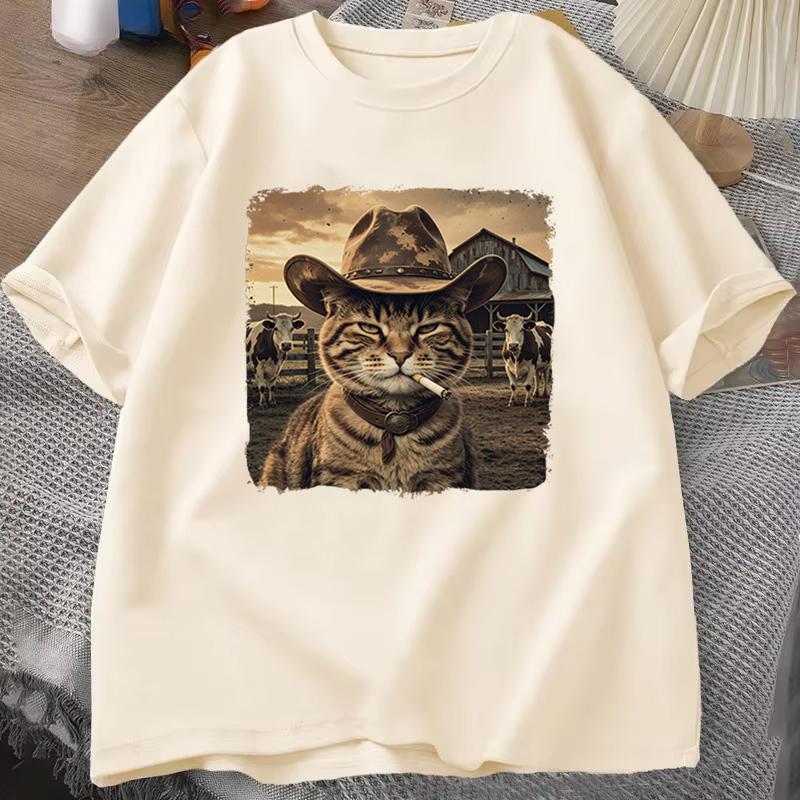 Cat Lover Casual Short Sleeve Tshirt Vintage Western Cowboy Cat Graphic T Shirts Unisex Cat Owner Country Western Casual Tee