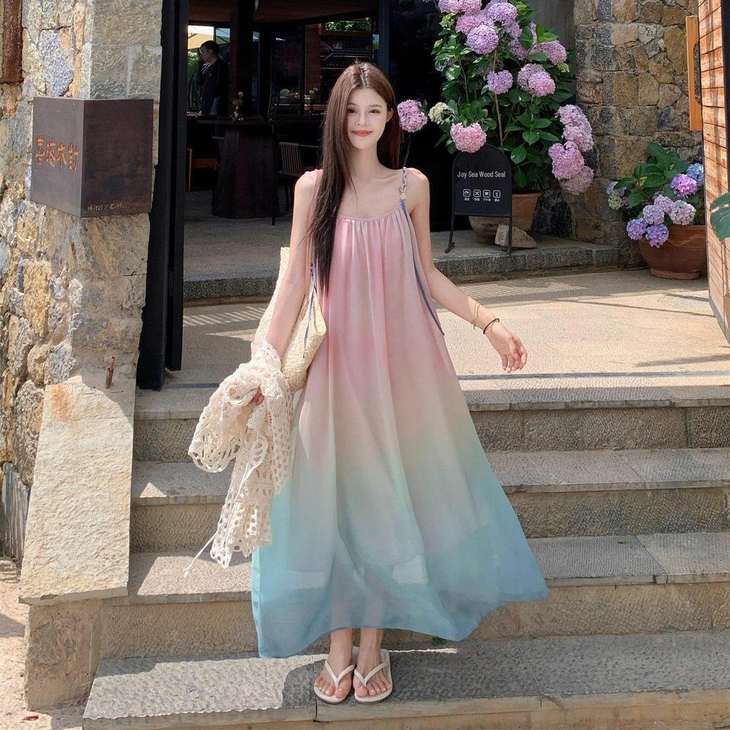 Korean Sweet Gradient Spaghetti Strap Beach Dress - 2026 Summer Seaside Vacation Design