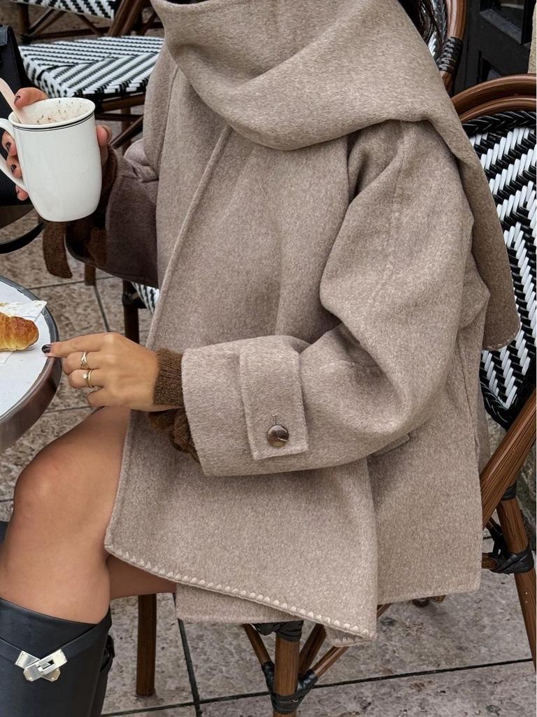 Khaki Wełniany Płaszcz z Szalikiem: Moda europejska i amerykańska