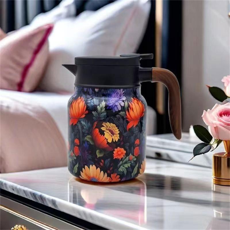Premium Thermal Florals Teapot 1000ml Removable Infuser Stainless Steels Body And Ergonomic Wooden Handle Teas Kettle