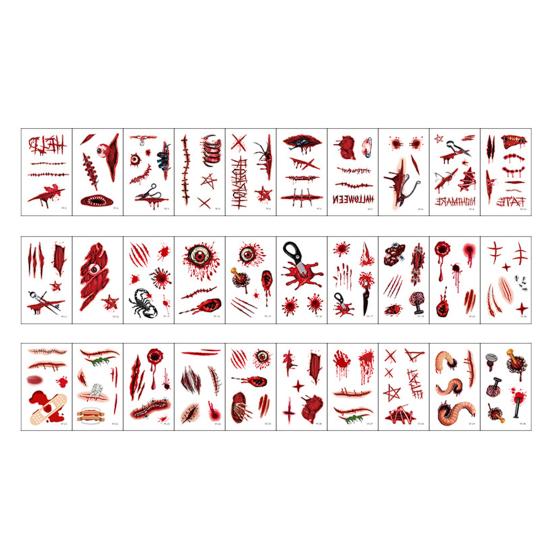 Disposable Horror Theme Props 30Pcs Halloween Scar Tattoo Stickers, Realistic Fake Wound Decals for Water Transfer Film Paper Face Body, Waterproof