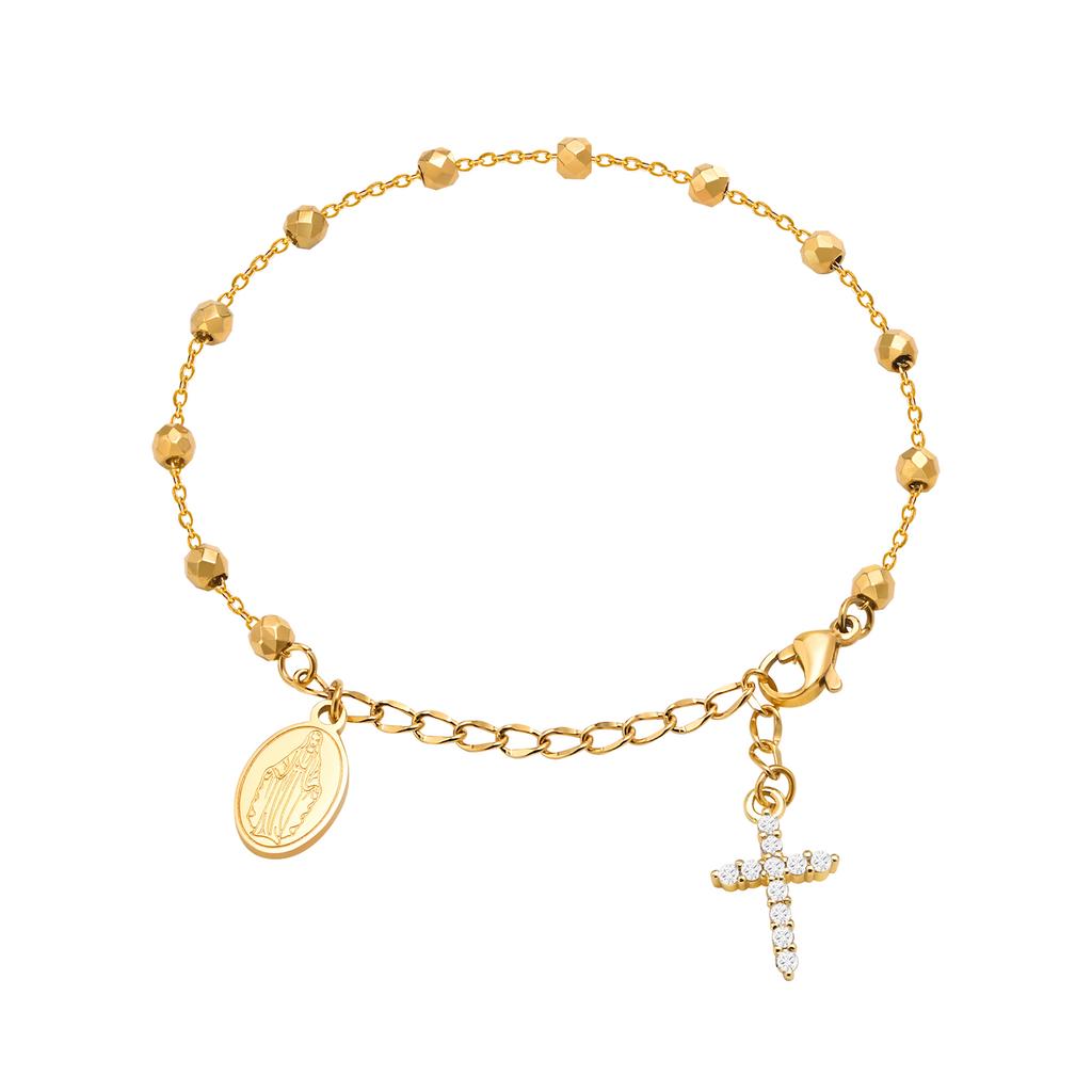 Charme Zirkonia Kreuz Rosenkranz Armband für Damen, Edelstahl Maria Verstellbares Glied, Religiöser Schmuck Geschenk