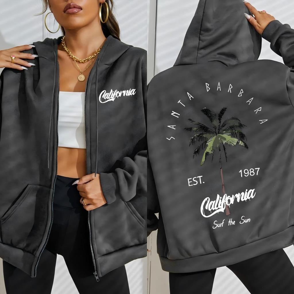 Galafonia Coconut Palm Santa Barbara Print Female Zipper Hoody Hip Hop Fleece Hoodies Streetwear Women Clothing