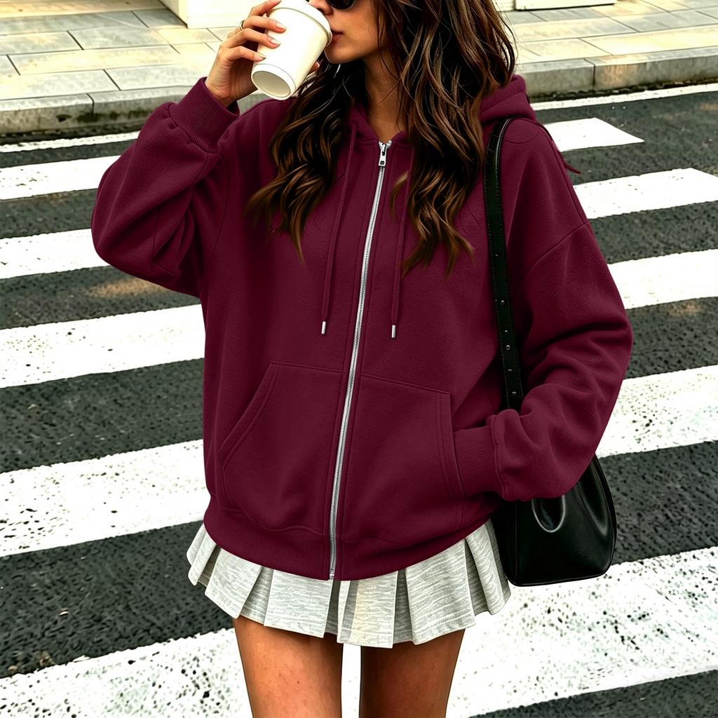 Women's Hooded Zip-Up Jacket Loose Fit Long Sleeve Color for Casual Daily Wear