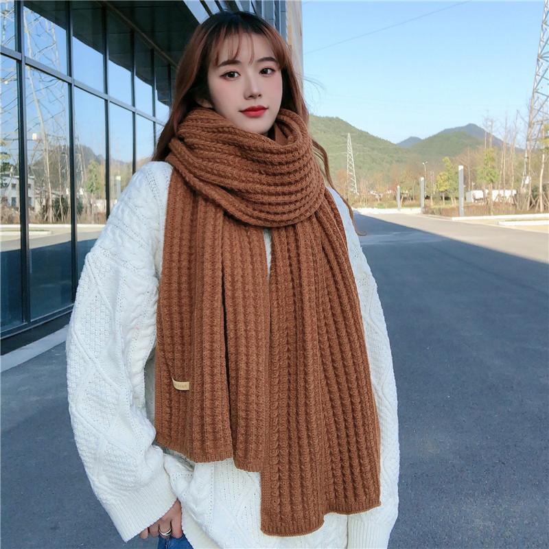 Knitted wool scarf women's winter warm versatile high-end scarf solid color soft waxy thick wool couple scarf