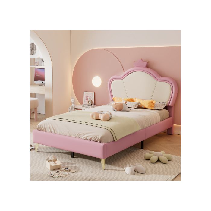 Lit simple - MUVOE - 90x200 cm - Rembourré - Métal - Rose + Blanc