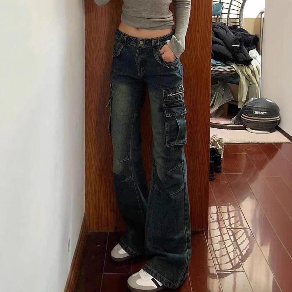 Women's Retro Low-Waist Pocket Cargo Flare Jeans - Spring/Autumn Style