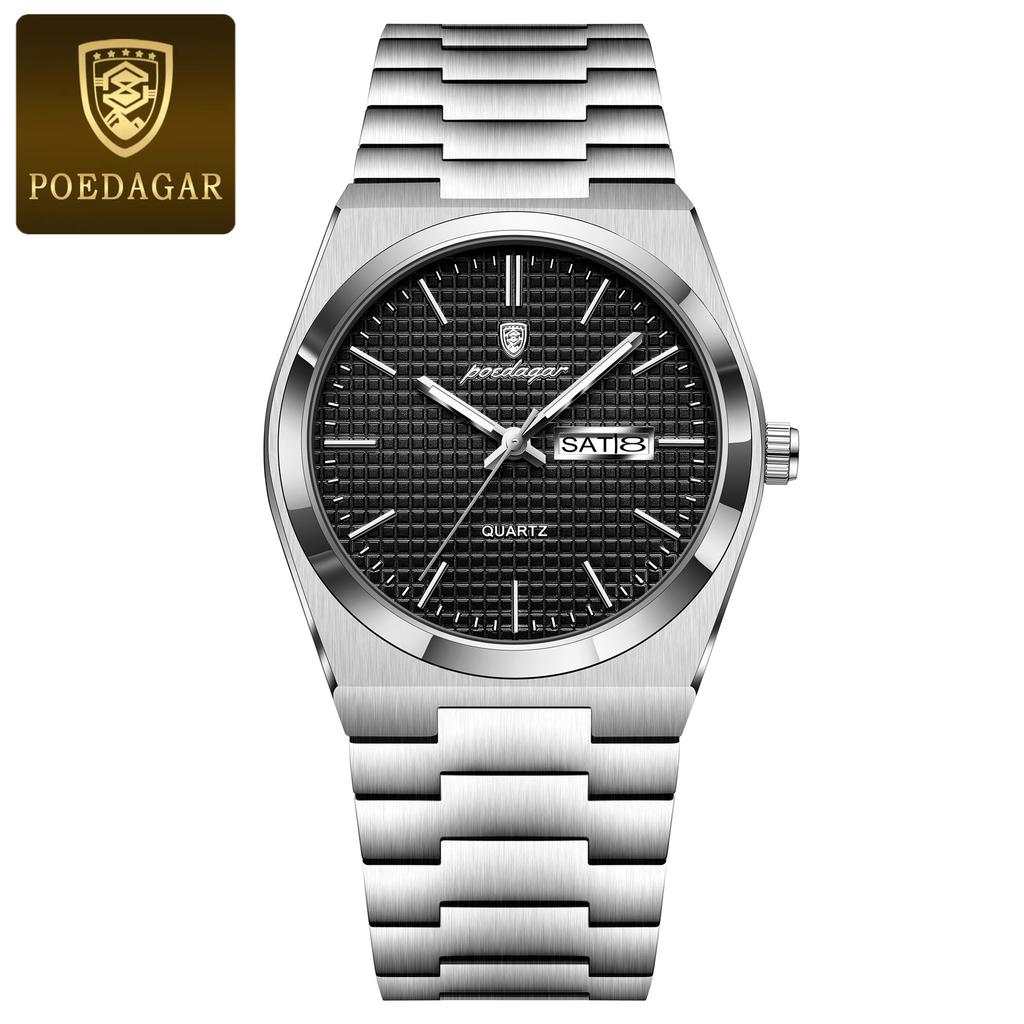 POEDAGAR Top Luxury Man Watch Waterproof Stainless Steel Men Wristwatch Luminous Date Week Fashion Business Quartz Men's Watches