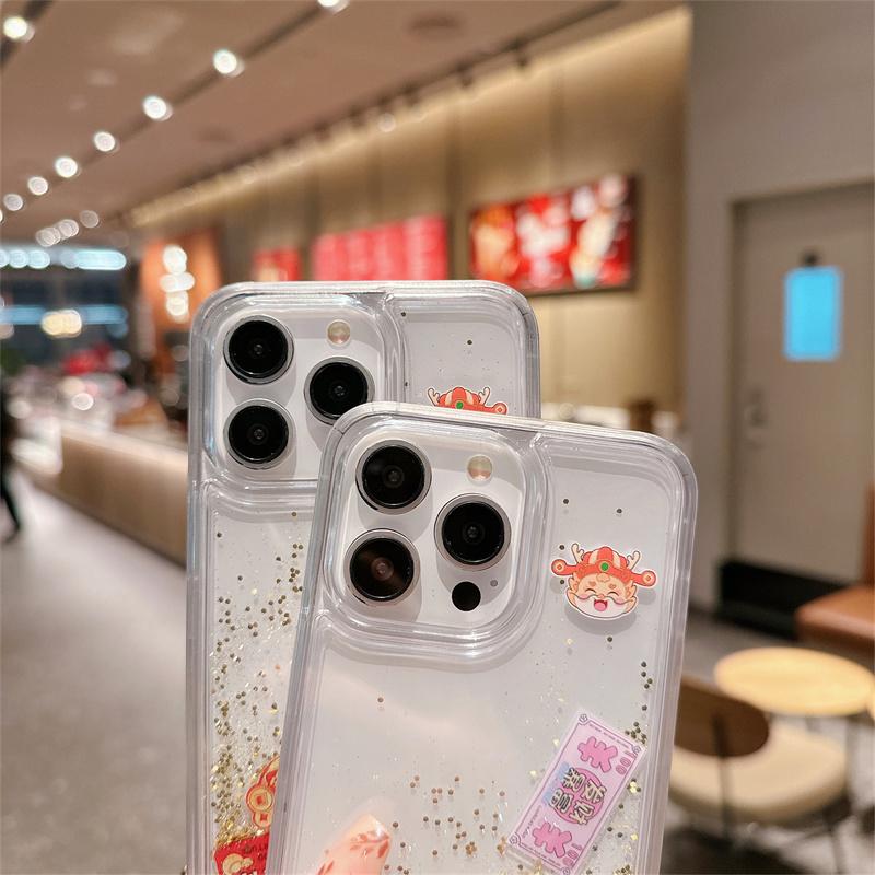 New  Chinese Style For iPhone 14 15 Pro Max 16 Case Dynamic Quicksand Peace Auspiciousness Floating Elements in Phone Shells