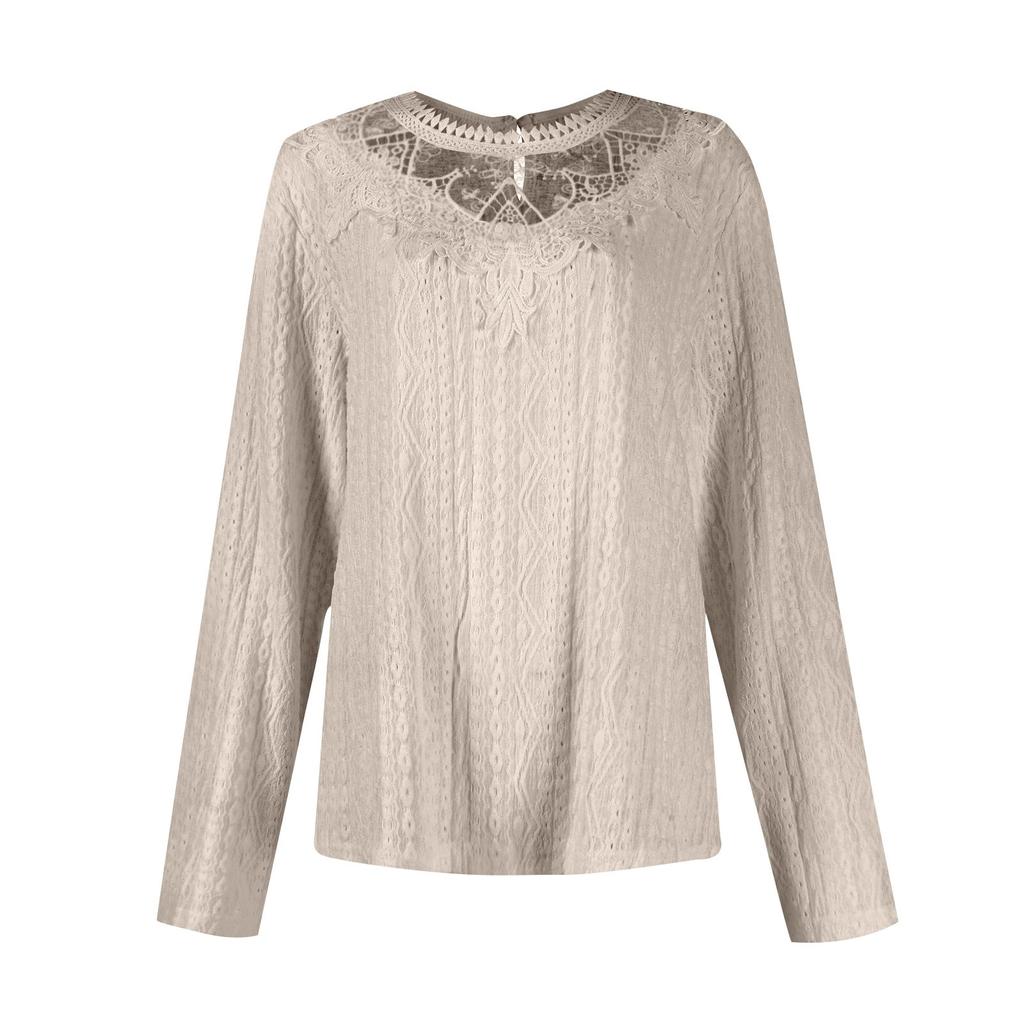 Women's Fashion Solid Color Lace Splicing Casual Hollowed Out Long-sleeved T-shirt