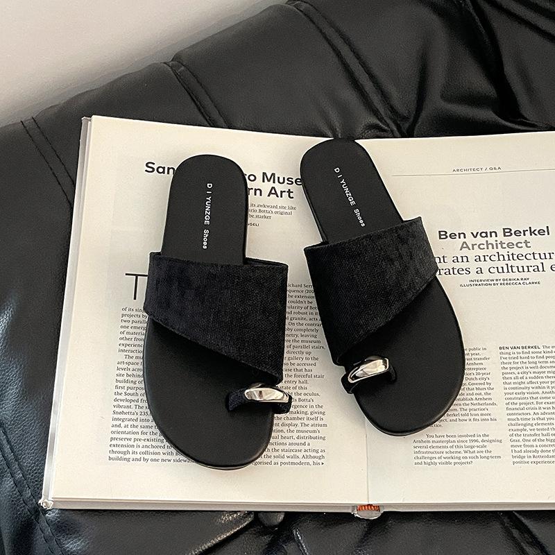 Strass Koreanische Version Nische Ein-Wort-Set Zehenslipper Damen Sommer Retro Mode Flachboden-Sandalen Atmungsaktive Lässige Coole Slipper