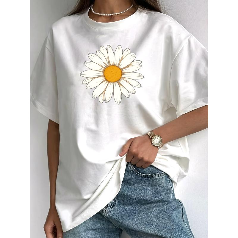 Women's Sunflower Short-Sleeve T-Shirt - Casual Round Neck Blouse Top, Regular Fit Suitable for Spring Summer Fall