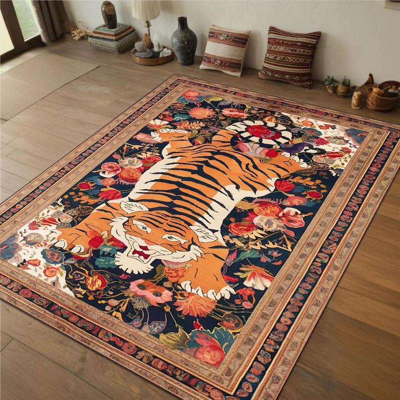 Whimsical Alligator Tiger Rug Playful Floral Pattern Colorful Folk Art Rug for Kids Room or Animal Themed Playful Nursery Decor