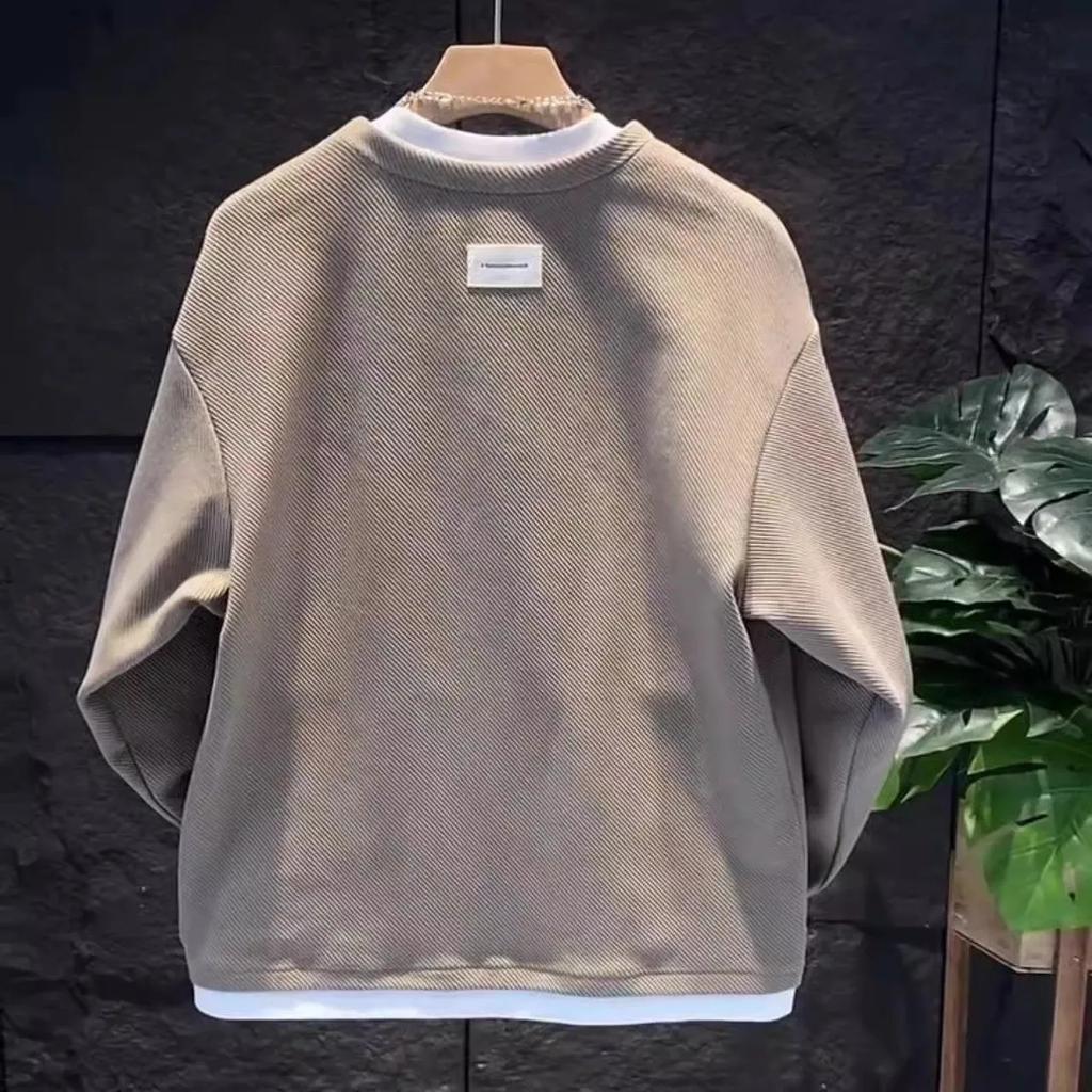 Solid Color Labeling Waffle Round Neck Pullover Loose Version Casual Sweater Men's Long-sleeved Top