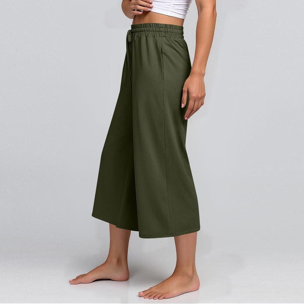 Pantaloni da donna a vita alta con nodo regolabile, fluidi in cotone e lino, gamba larga