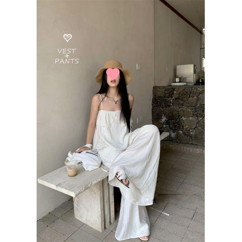 

Elegant White Women s Summer 2026 Fashion: Ruffled Camisole & Wide-Leg Pants Skirt Set L recommended for 55-60 kg