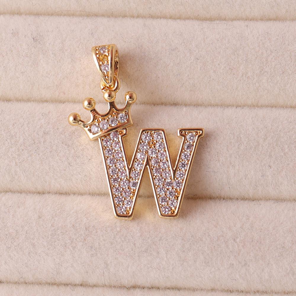 Gold-Plated Crown Rhinestone Letter Pendant Necklace