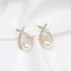 1Pair Women Retro Pearl Earrings Simple Letter X Inlaid Diamond Piercing Earring