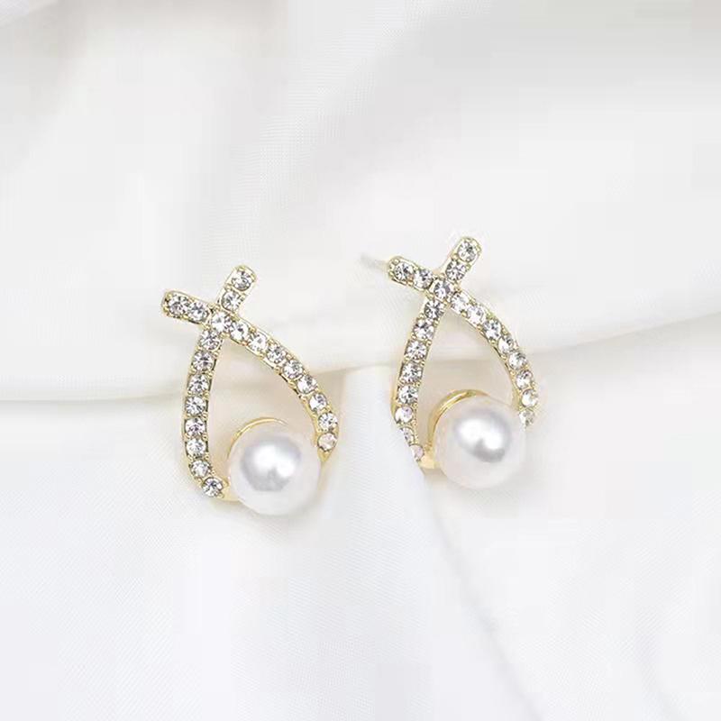 1Pair Women Retro Pearl Earrings Simple Letter X Inlaid Diamond Piercing Earring