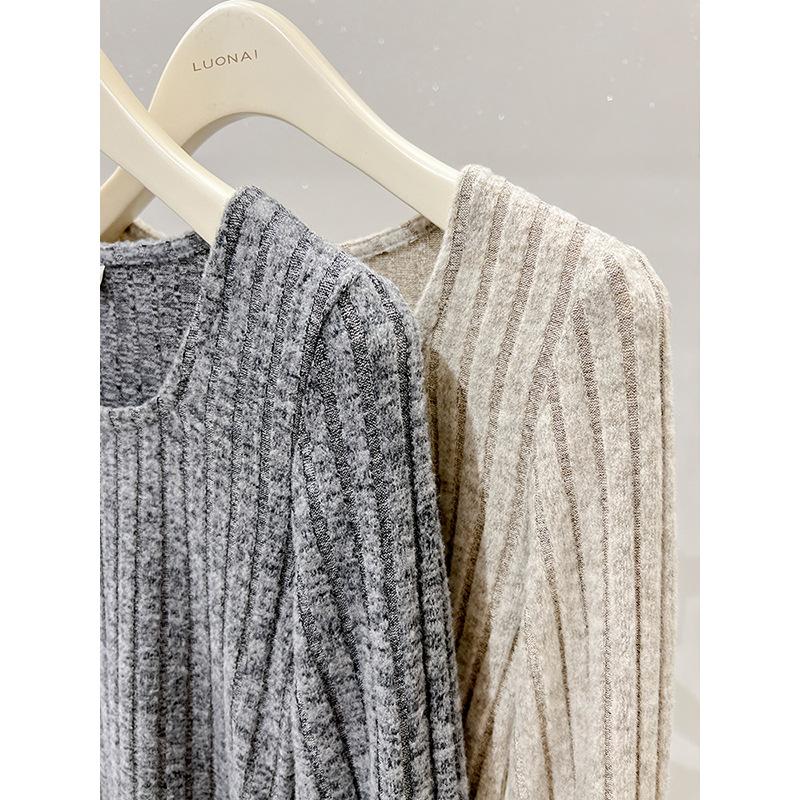 Pit strip square neck polished long-sleeved T-shirt for women's new design sense waist inner top bottoming shirt for women's autumn and winter