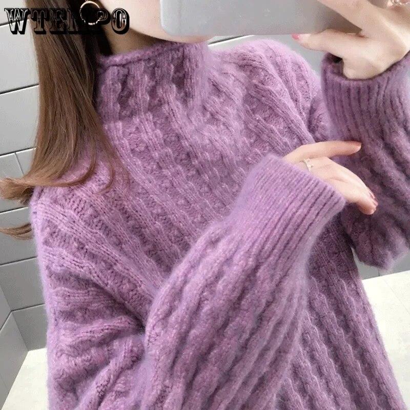 Moteriškas megztinis su kaklu, storas šiltas rudens žiemos laisvas megztinis, moteriškas megztinis, negabaritinis, purpurinės megztos juostelės