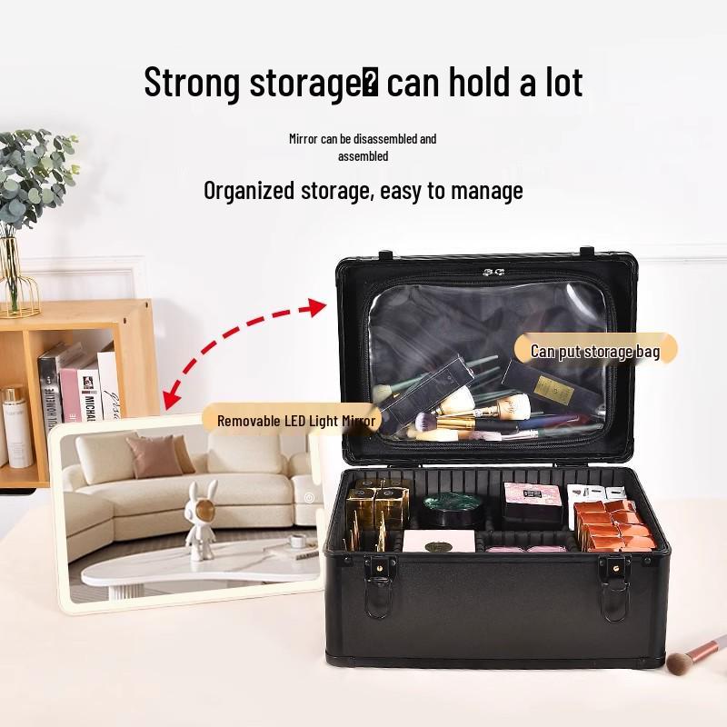 Portable Makeup Case with Mirror & Lights, Handheld Cosmetic Storage, Professional Makeup Artist's Hanging Suitcase.