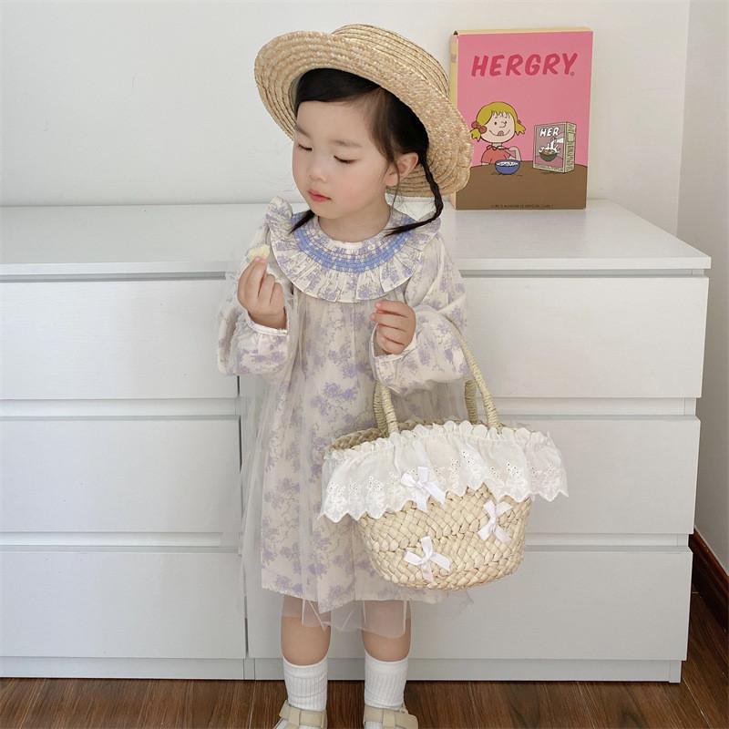 Hand Lace Held Straw Woven Bag With Silk Scarf Handbag For Girl Daily Use