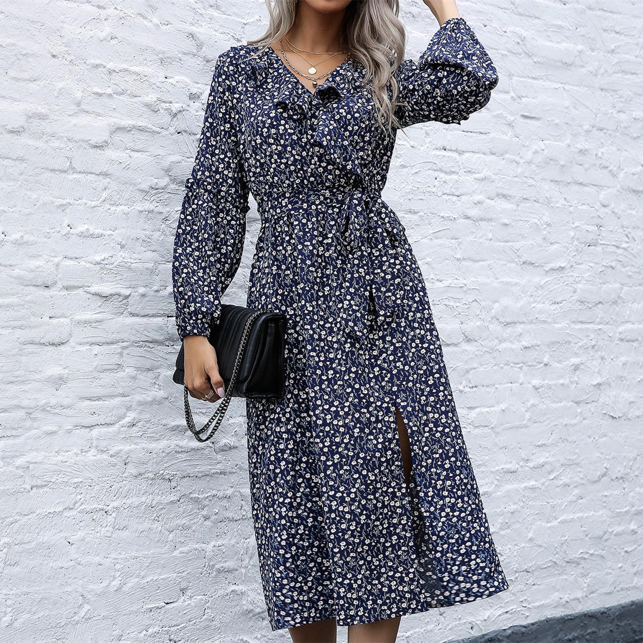 

YYFS женские модные летние повседневные платья с цветочным узором и длинными рукавами и v-образным вырезом и высокой талией XL темно-синий