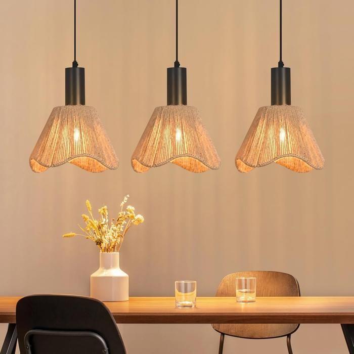 Lampe suspension rotin naturel NETTLIFE 3 lumières, Design bohème chic métal noir, Vague, Luminaire E27 pour salle à manger salon