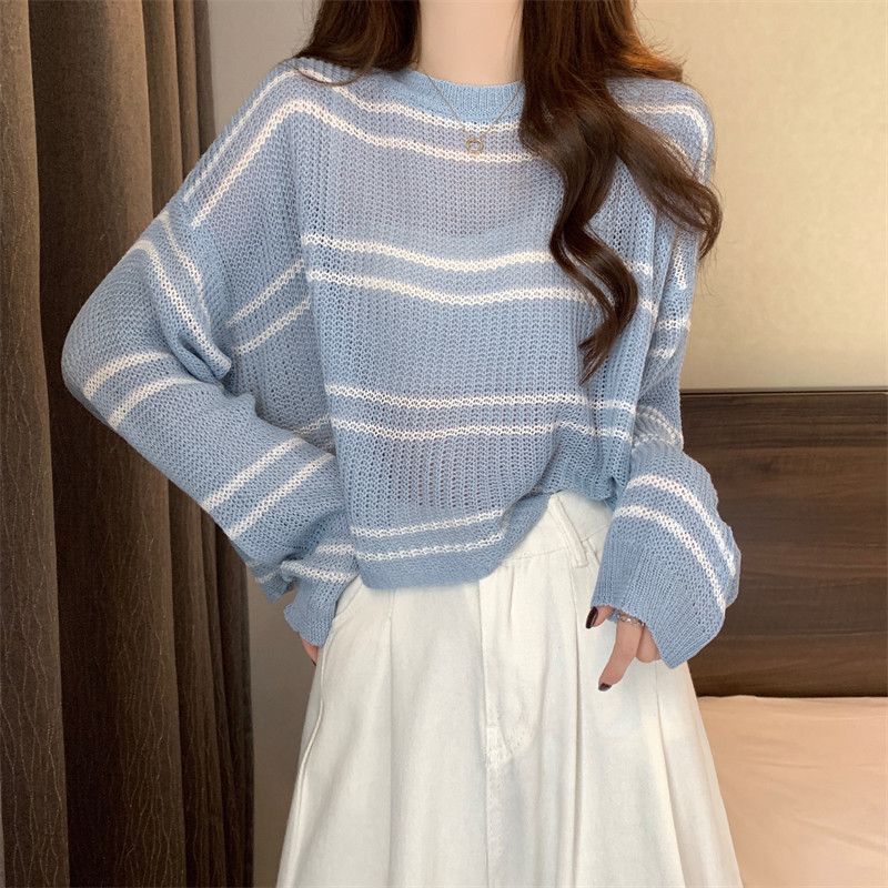 Women's Blue Striped Thin Knit Top Spring Autumn Thin Lazy Style Loose Sun Protection Cover-up Hollow Out Short Top Summer