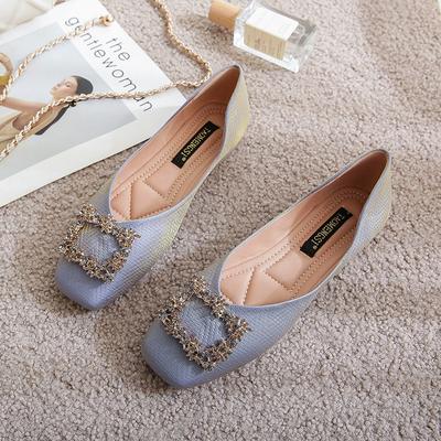 New Autumn Temperament Rhinestone Square Buckle Flat Single Shoes Women's Soft Leather Soft Bottom Pregnant Women Large Size Women's Shoes