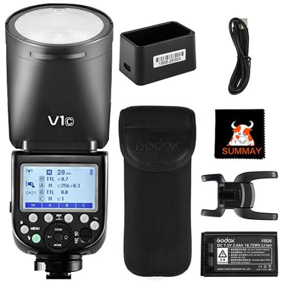 

GODOX V1C Round Head Camera Flash LED Modeling 76Ws TTL HSS Recycle 480 Full 2600mAh Compatible with Canon and EOS Cameras Speedlight, 10-Level Lamp,