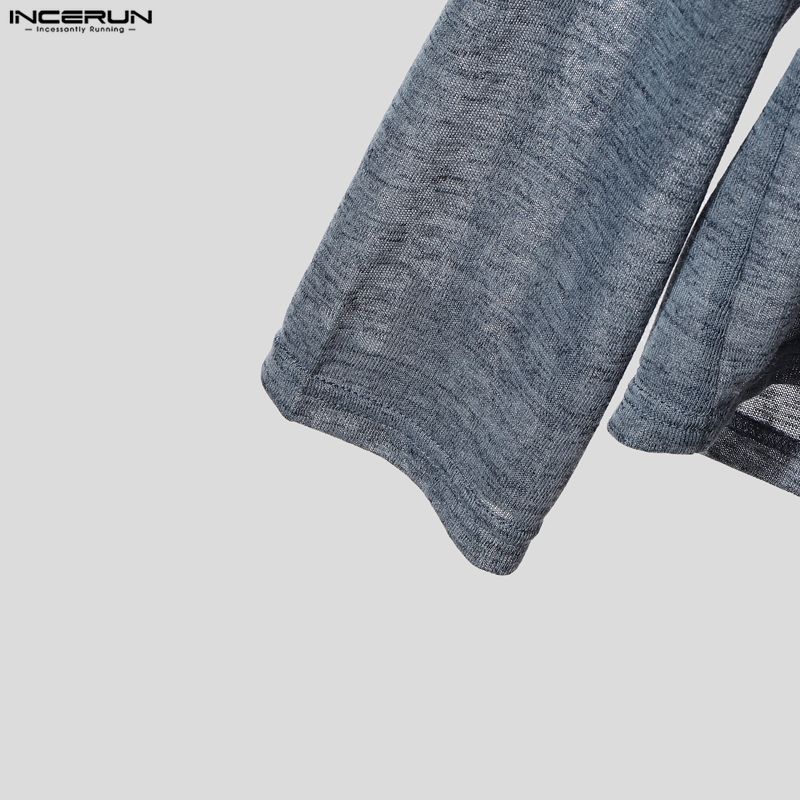 INCERUN Oversized Men Long Sleeve Transparent Loose Drawstring Hooded Tops T-shirts