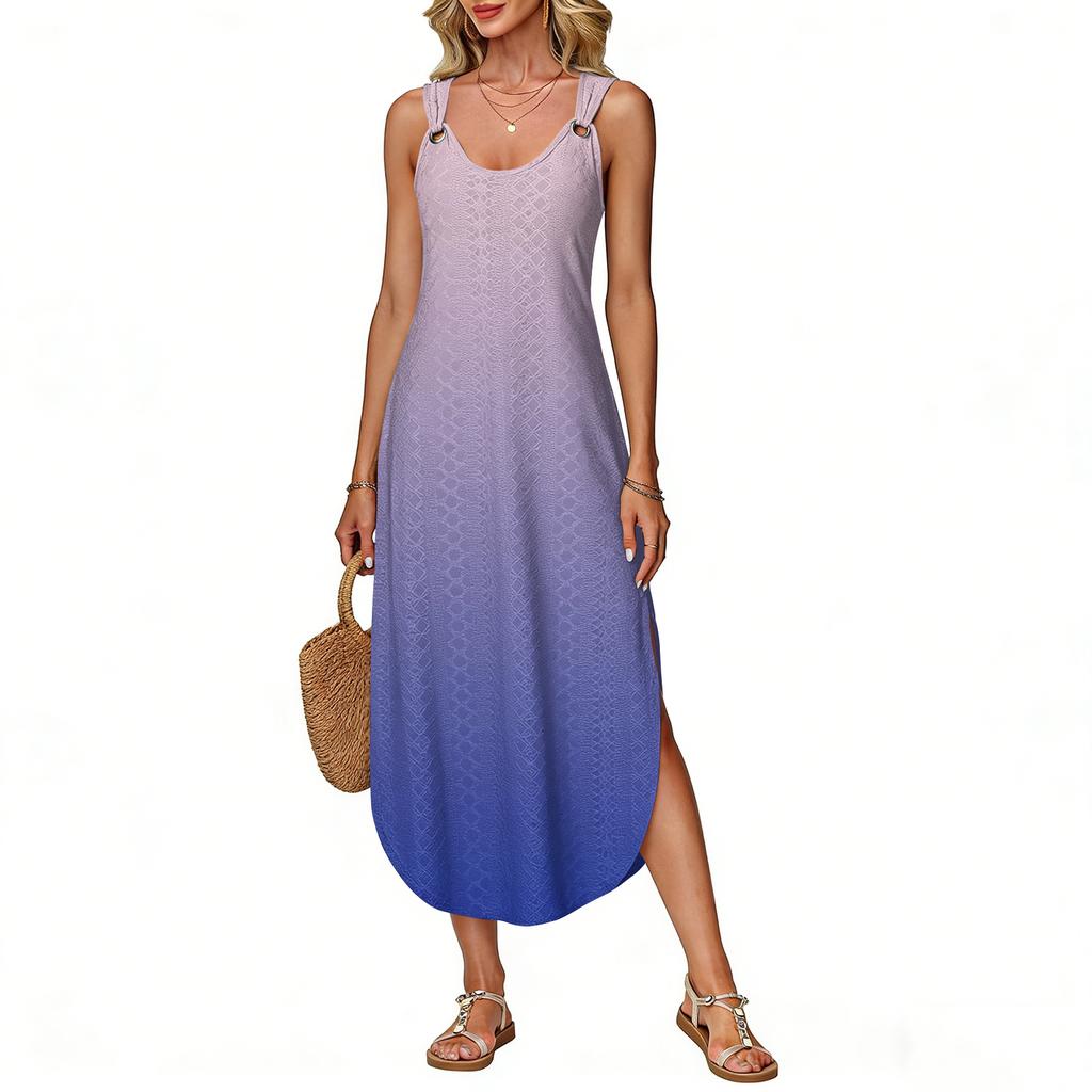 Women's Summer Long Dress, Sleeveless with Side Slits, Long Gradient Vest Dress